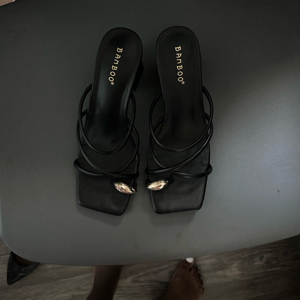 BAMBOO Black Strappy Heels with Gold Accents